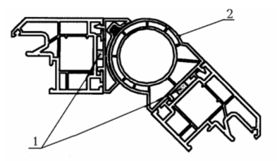 1 — изоляционная саморасширяющаяся паропроницаемая лента; 2 — угловой соединитель Рисунок А.16 — Узел углового соединения оконных коробок