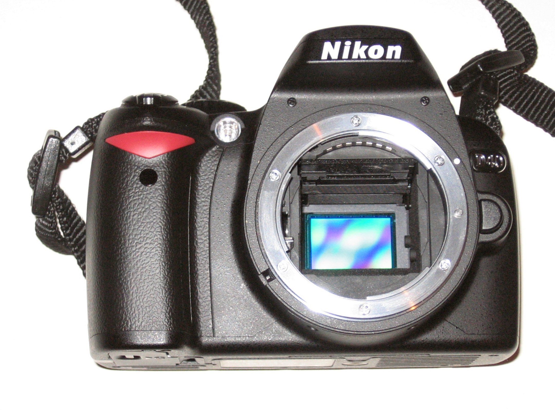 Nikon D40 digital SLR camera with visible CCD image sensor