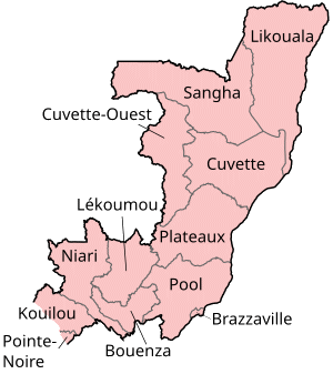 Mapa das regiões da República do Congo.