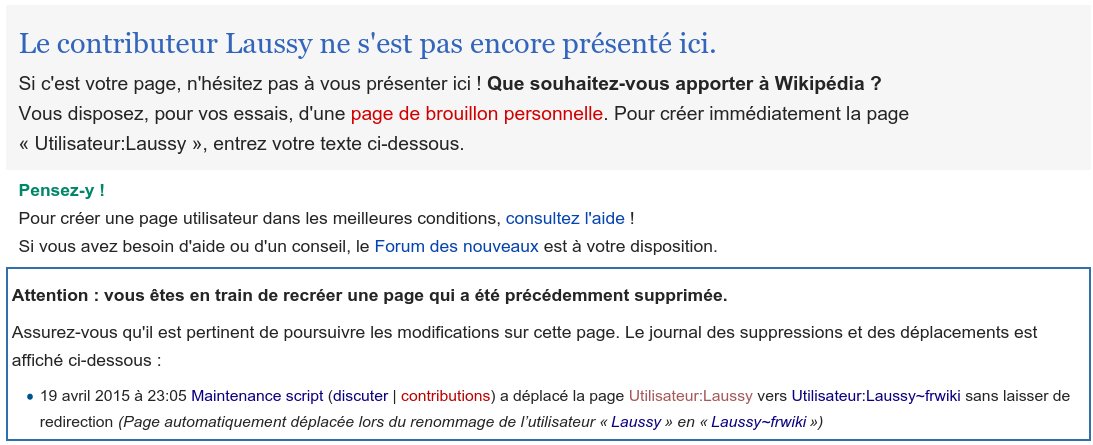 Copie d'écran d'une page utilisateur (Laussy) après sa suppression par un "bot" de maintenance.