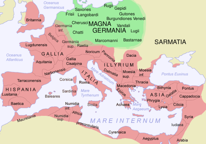 Map of The Roman Empire in 116 AD and Germania Magna, with some Germanic tribes mentioned by Tacitus (Source: Wikimedia Commons)