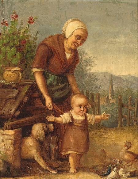 Gustav Süs Mutter mit Kleinkind im Hühnerhof