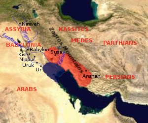 نقشه‌ای از سرزمین ایلام باستان (قرمز) و نواحی همسایه آن. خلیج فارس در عصر برنز گسترش بیشتری رو به شمال غربی داشت.