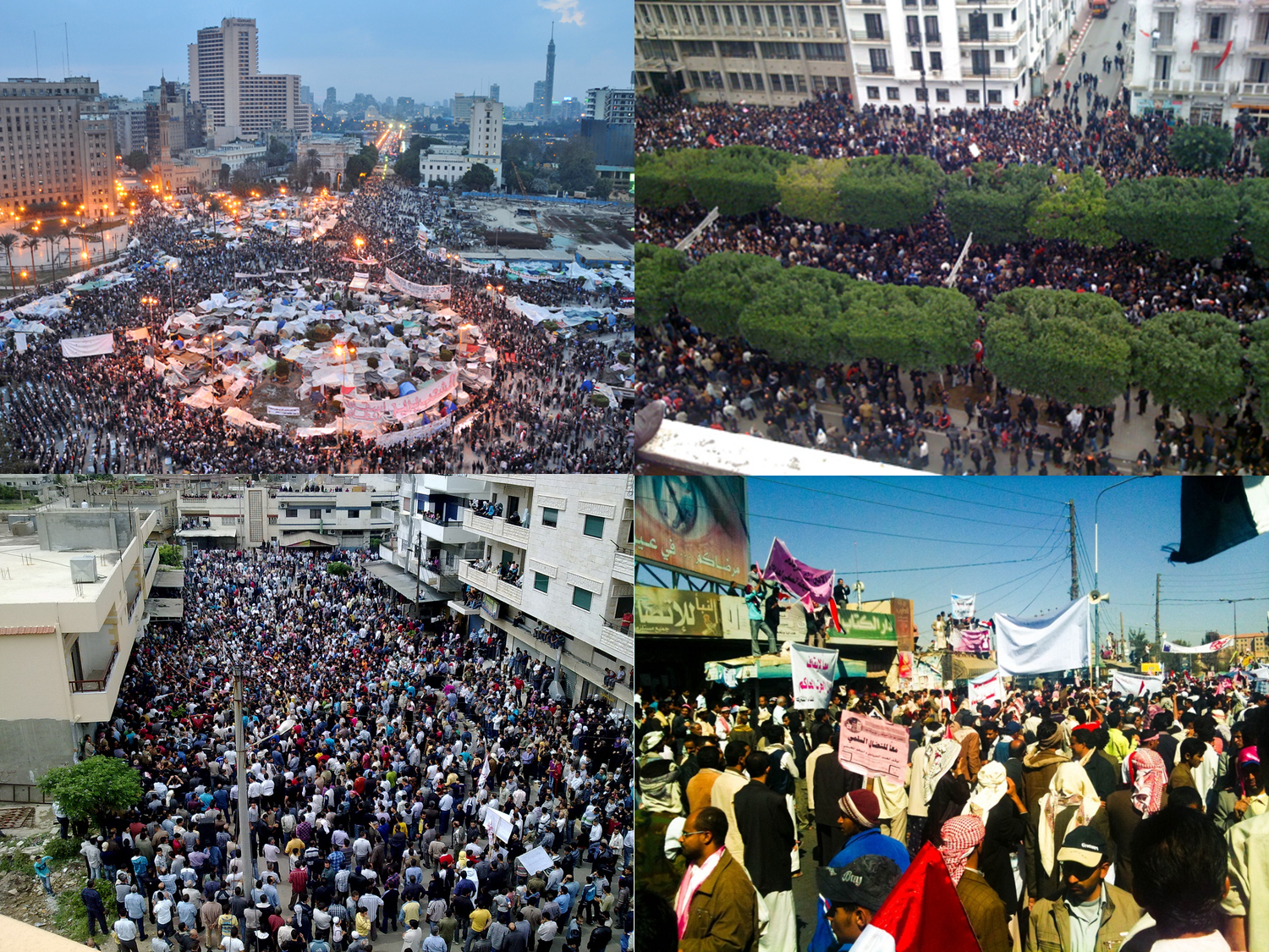 Primavera árabe. Revolução Egípcia, Revolução Tunisiana, Revolução Líbia e protesto no Iêmen.