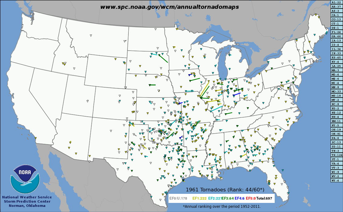 US tornado tracks of 1961.