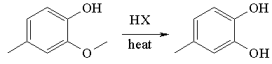 Schéma reakce kreosolu s vodíkovými halogenidy
