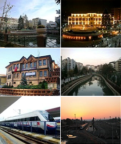 Вверху слева: Центральный железнодорожный вокзал Эскишехира, Вверху справа: Муниципалитет Тепебаши, Внизу слева: Музей современного искусства из стекла, Внизу справа: река Порсук.
