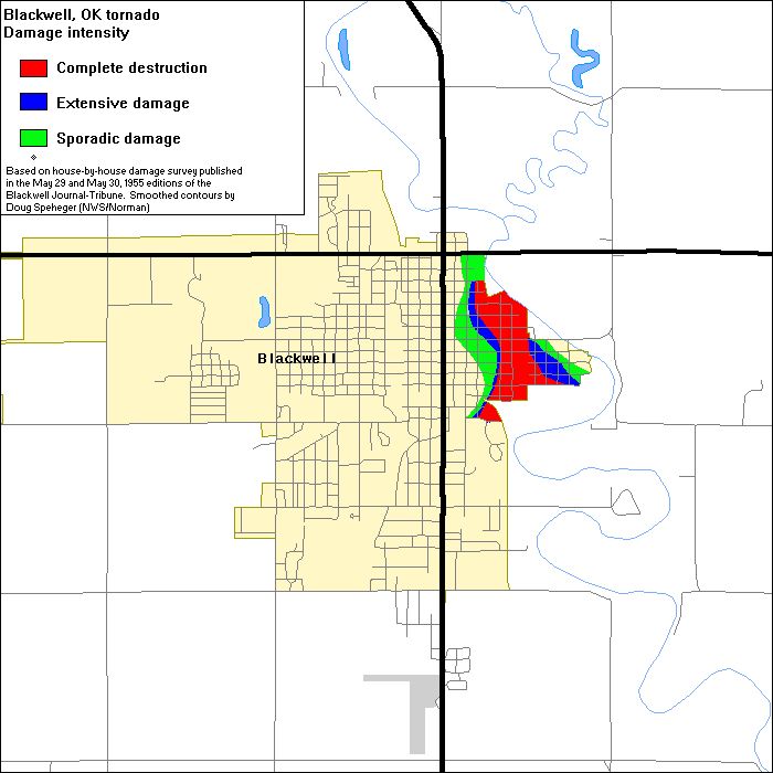 Degree of damage in Blackwell, Oklahoma from the 1955 F5 tornado track
