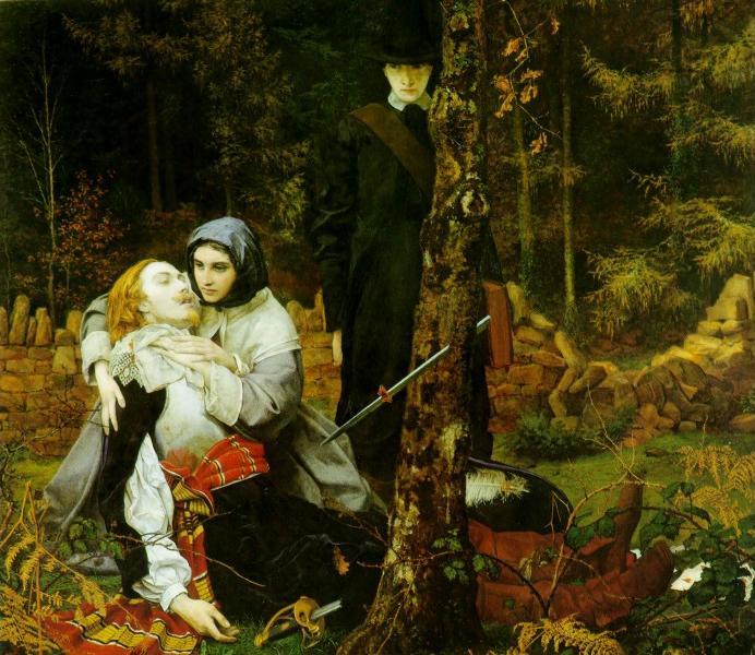 Allegory of the English Civil War by William Shakespeare Burton (1855). A Royalist lies wounded on the ground, a Puritan in black stands in the background.