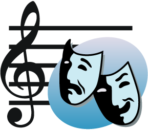 Treble clef overlaid with a bluish ellipse bearing the tragedy and comedy masks of the theater