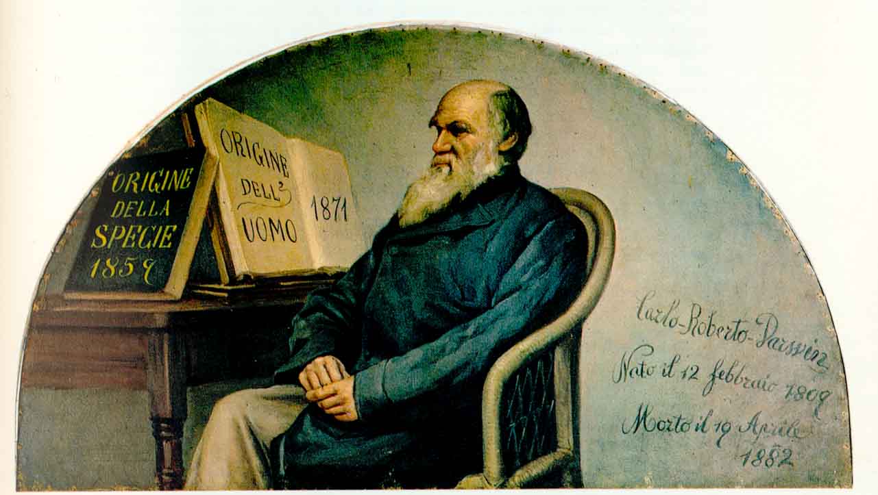 Italian panel depicting Charles Darwin, created ca. 1890, on display at the Turin Museum of Human Anatomy. Wikimedia image