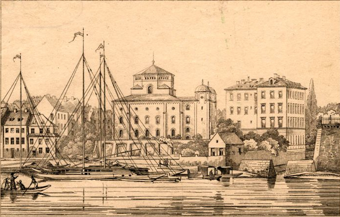 Der "Gondelhafen". Im Hintergrund die Semper-Synagoge. Holzschnitt, gedruckt 1847[19]. Zustand vor 1847, wahrscheinlich im Zusammenhang mit der Weihe der Synagoge am 8. Mai 1840.
