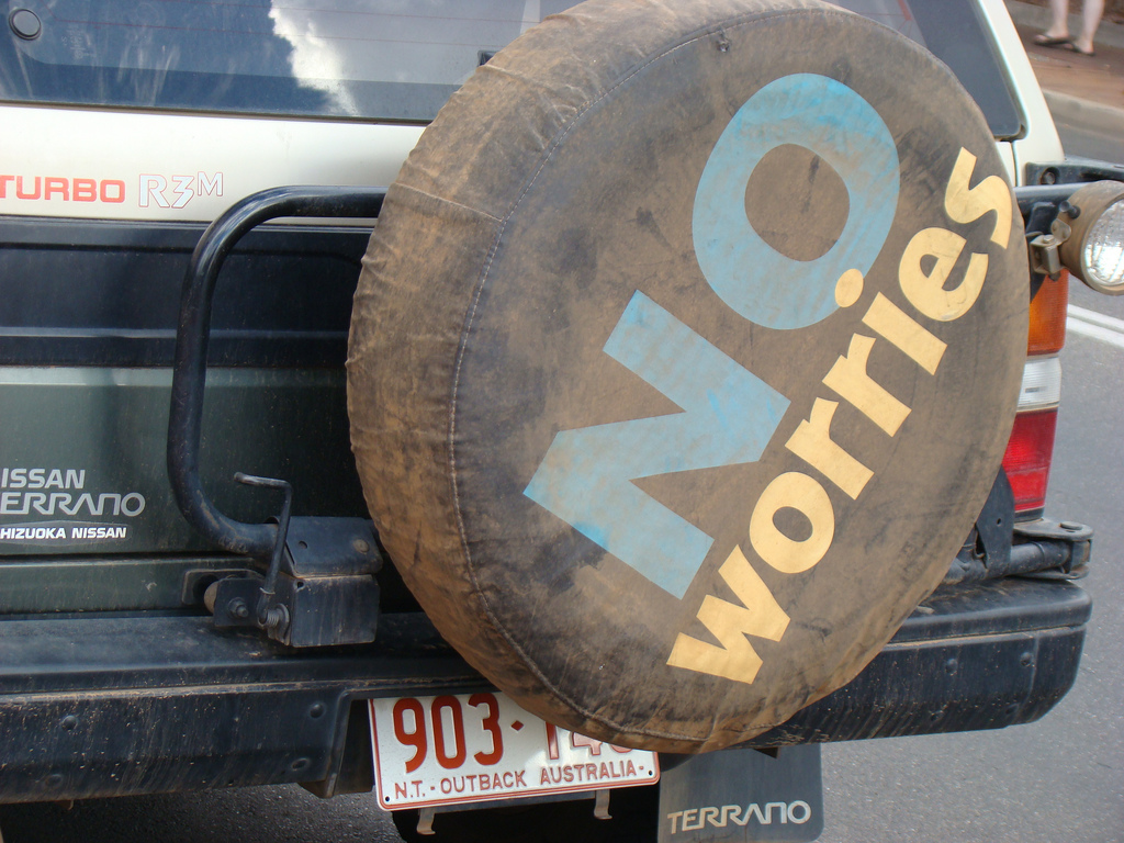 Spare tire with "no worries" text