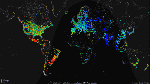 World map of 24 hour relative average utilization of IPv4 addresses observed using ICMP ping requests as part of the Internet Census of 2012 (Carna Botnet), June - October 2012.[9]​ Key: from red (high), to yellow, green (average), light blue, and dark blue (low).