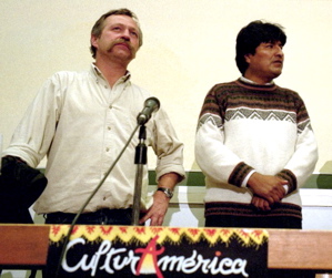 Evo Morales et José Bové in Pau on 2002 during...