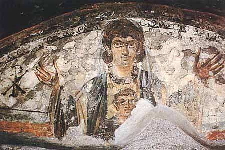 Virgin and Child. Wall painting from the early catacombs, Rome, 4th century.