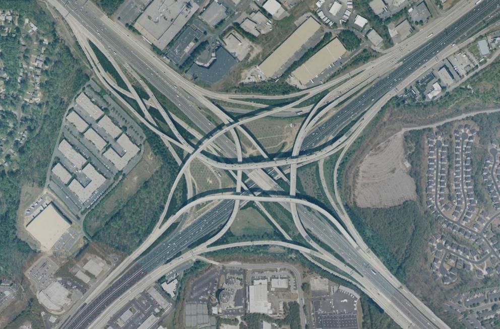 Arial photo of a complext network of highway intersections