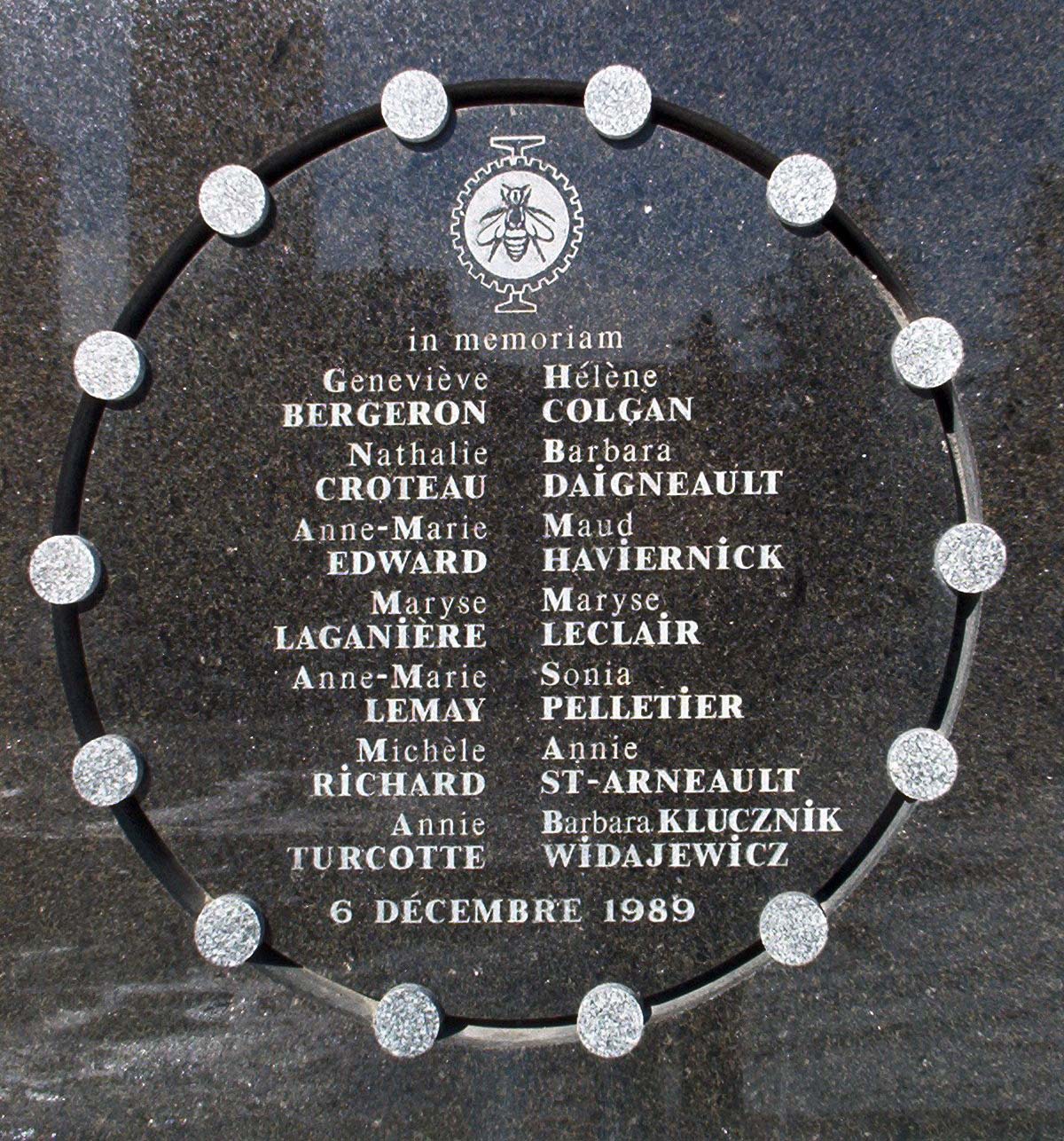 Memorial plaque at Ã‰cole Polytechnique with the 14 names of the women who were killed.