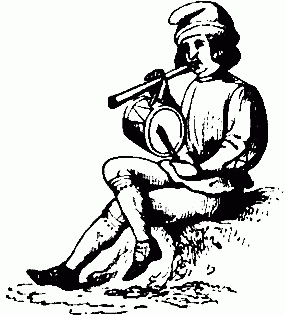 A Christmas minstrel playing pipe and tabor.