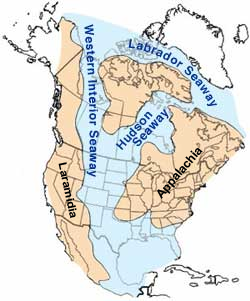 Северная Америка в середине мелового периода; центр будущего континента занимают Западное и Гудзоново внутренние моря