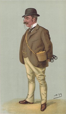 Colored drawing of a 19th-century sportsman carrying a basket and binoculars and wearing a suit for horseback riding, with jodhpurs, waistcoat, jacket, tie, hat and monocle, facing 3/4 to his right