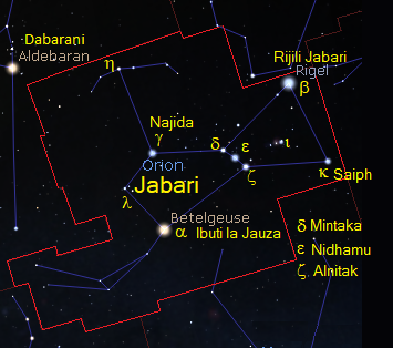 Najida (Bellatrix) katika kundinyota yake ya Jabari – Orion