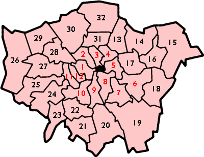 Map of London boroughs as numbered in Schedule 1 of the Act. Inner London boroughs are labelled in red, while the City of London is shown in black. Map of London boroughs as per London Government Act 1963.png