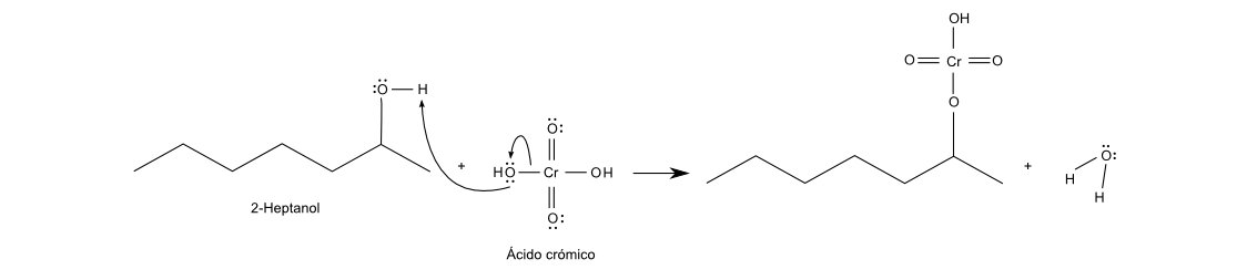 Paso 1, el ácido crómico es protonado y se rompe el enlace con el cromo para formar agua y uniendo el ion de cromo con el ion del alcohol.