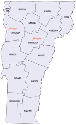 Les quatorze comtés du Vermont.