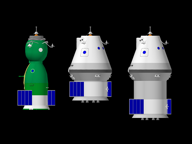 From the left to the right, the Soyuz spacecraft, ACTS for low Earth orbit missions, ACTS for lunar orbit missions.