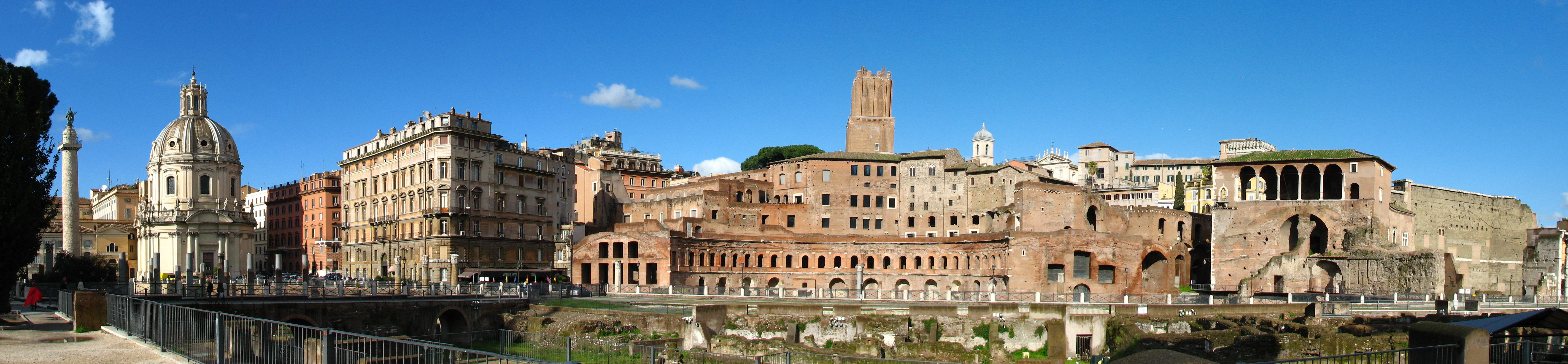 A panoramic view of the Trajan's Forum in Rome, on the far left is the Trajan's Column.