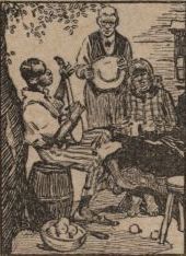 drawing of a black man playing a banjo, being listened to by two white men