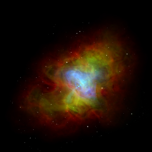 This is a composite false-color image of the Crab Pulsar. Green represents radio bandwidth emissions (VLA), red is Infrared (Spitzer Space Telescope), and blue is x-ray (Chandra X-ray Observatory)