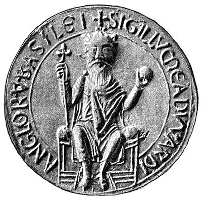 Edvards segl: SIGILLVM EADWARDI ANGLORVM BASILEI (segl for Edvard kronet til englendernes konge)