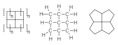 Fenstranes, da esquerda para a direita: fenestranos genéricos [4,4,4,4] fenestranos exibindo átomos de carbono [5,5,5,5]