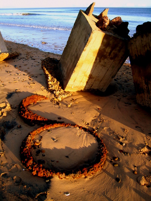 Anti-tank blocks and coils of barbed wire; Newburgh Beach High tides 