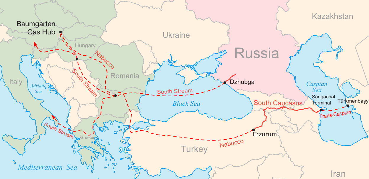 English: Map of the South Stream and Nabucco n...