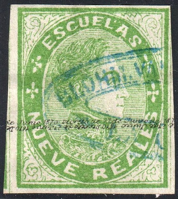 Фискальная марка с надписью «Escuelas» («Школам»), которая использовалась также в почтовых целях в 1871—1873 годах (№ 26 по каталогу Форбена)[^]