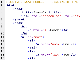 Ejemplo de código html con coloreado en sintáxis