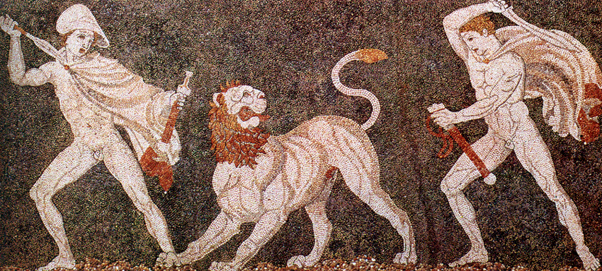 Ancient Macedonian mosaic depicting a lion hunt. Alexander the Great wears a kausia on his head and both hunters wear kausia.