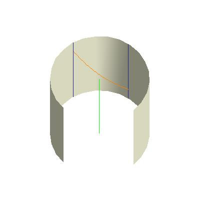 Un arco de geodésica nula, representado en el sistema de Born, que modeliza una señal enviada entre dos observadores girando con el anillo. Las líneas del mundo de estos observadores son las líneas verticales azules; el centro de simetría es la línea vertical verde. Nótese que la geodésica nula se dobla suavemente hacia dentro.