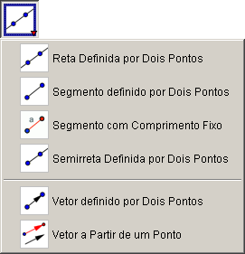 Menu com as ferramentas para a criação de retas segmentos e vetores