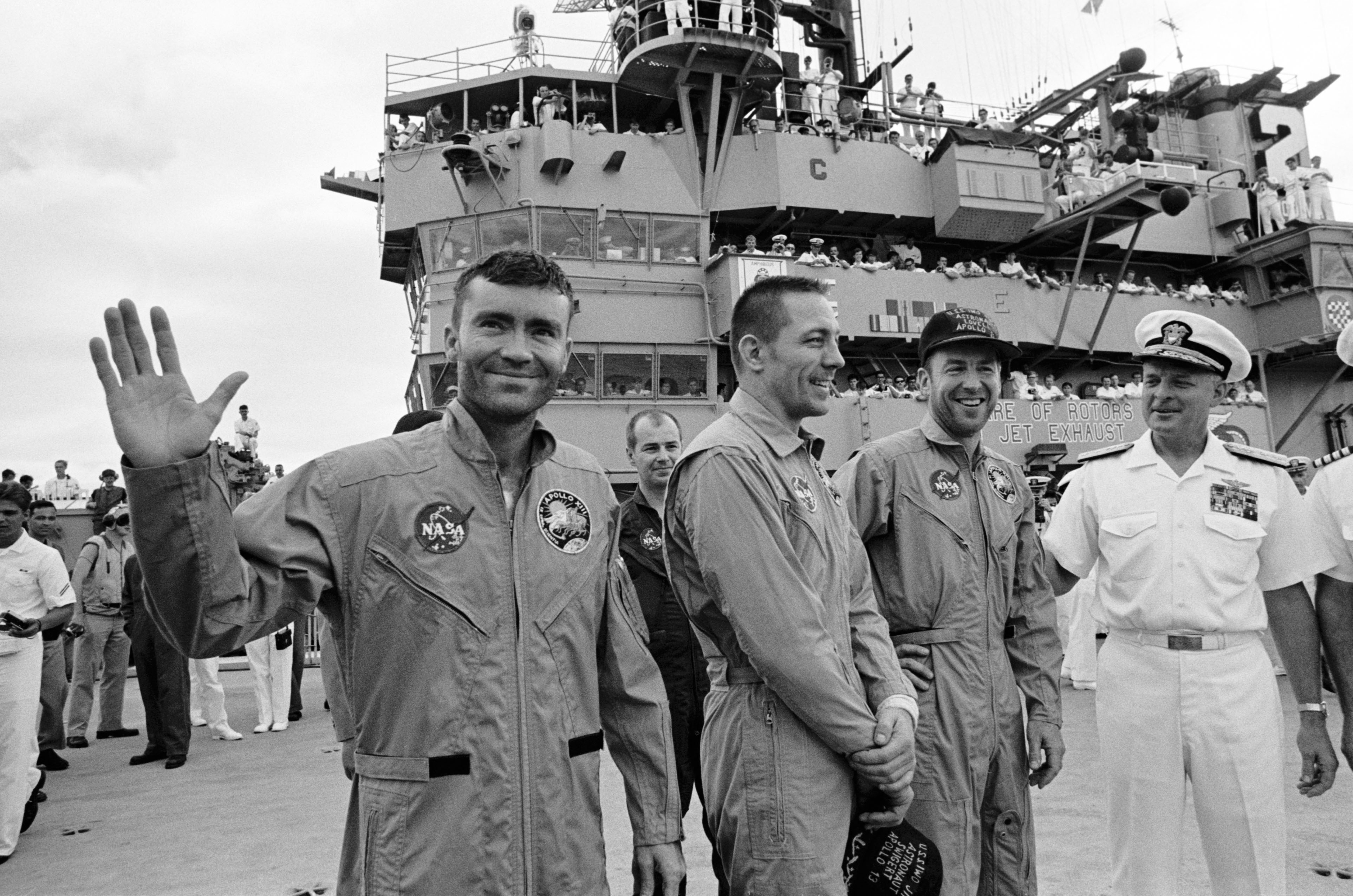 Astronauts from left to right, Lunar Module pilot Fred W. Haise Jr., Command Module pilot John L. Swigert Jr. and Commander, James A. Lovell Jr. Taken from http://www.hq.nasa.gov/alsj/a13/a13.html, a NASA site that hosts various material pertinent to the Apollo 13 mission.