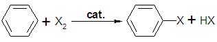 هالوژن‌دار کردن بنزن که در آن X یک هالوژن است ، cat نشانگر کاتالیزور(در صورت نیاز) و HX نمایانگر باز پروتونی است.
