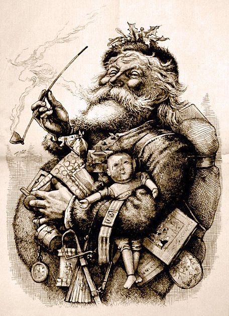 Santa Claus with pipe and toys