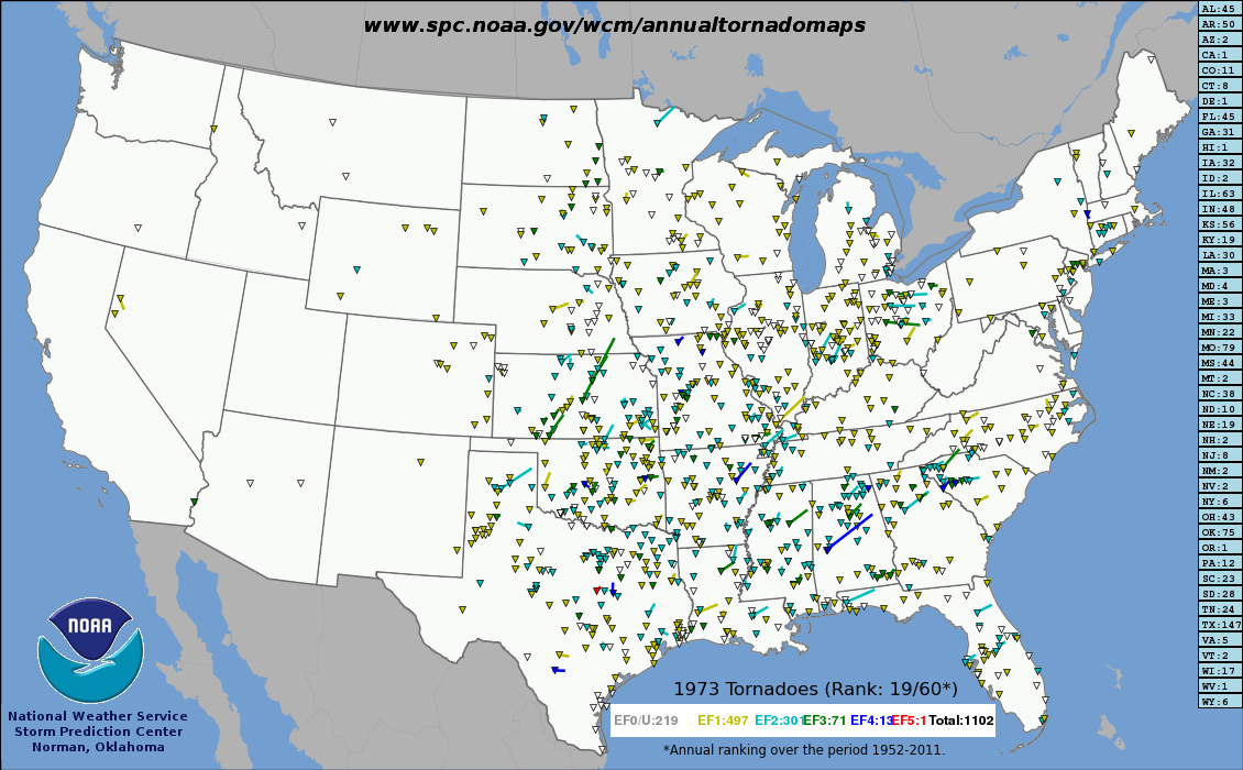 Tracks of all US tornadoes in 1973.