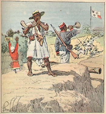 File:Merina troops raising the alarm Henri Gallichet 1850 1923 Louis Charles Bombled 1862-1927 La Guerre a Madagascar 1896.jpg