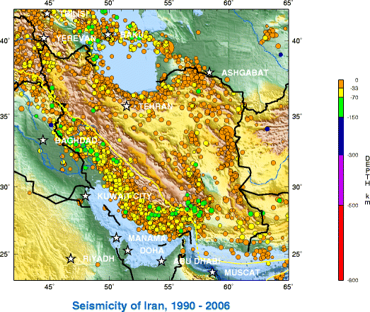 پراکندگی زمین‌لرزه‌های ایران از سال ۱۹۹۰−۲۰۰۶، اداره زمین‌شناسی ایالات متحده