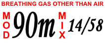 Label reading "Breathing gas other than air. MOD 90 m. Mix 14/58"