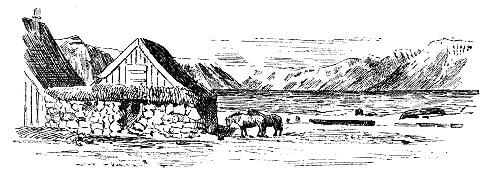 Innersta hörnet af Dyrafjord med Glámujökull i bakgrunden, sedd från Thingeyre. (Efter en skiss af författaren.)